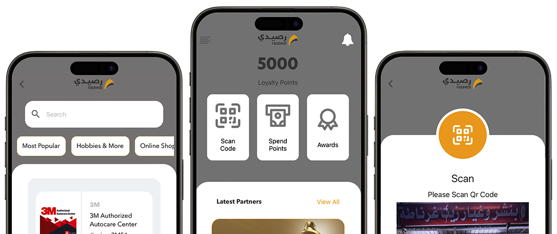 Raseedi app screens showing browse, dashboard, and scan-to-earn