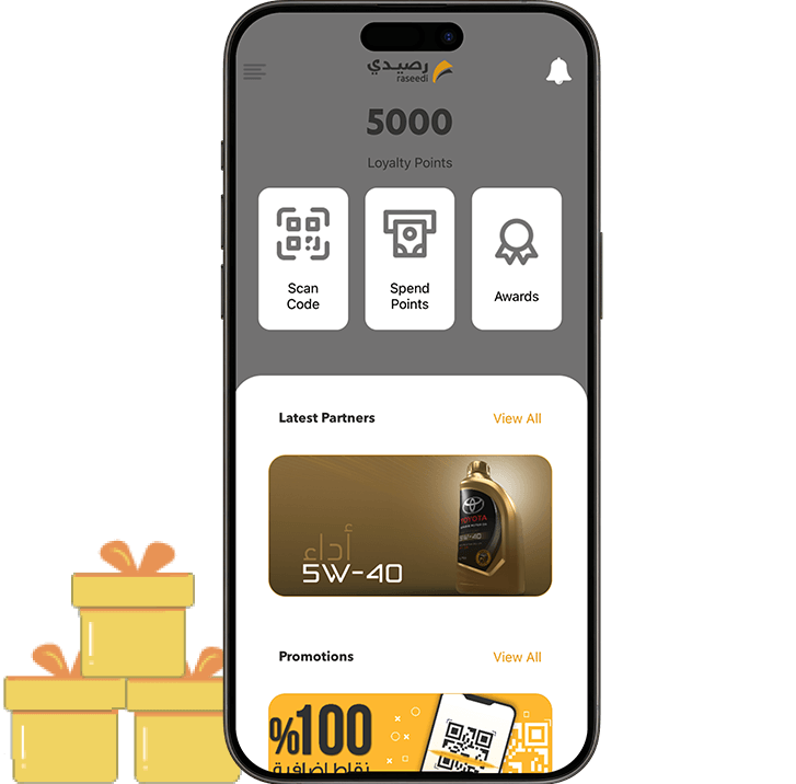 Raseedi app showing loyalty points, scan code, spend points, and awards